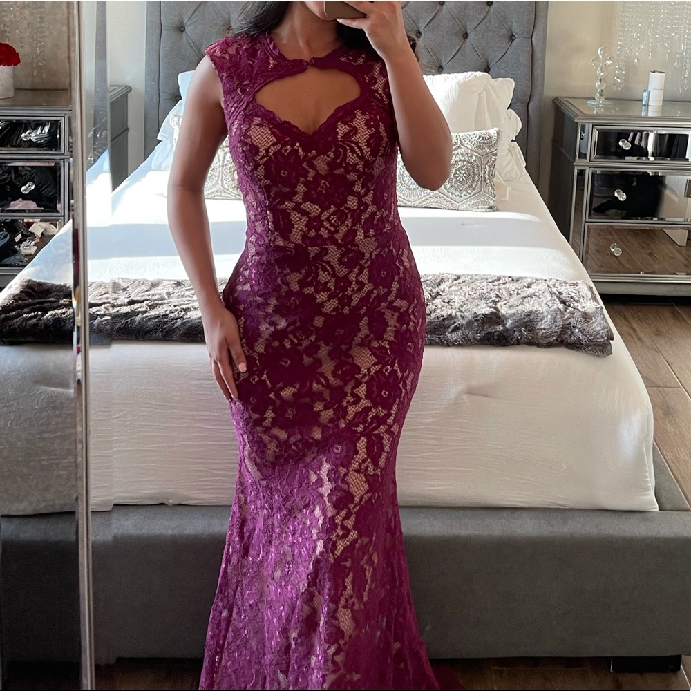 XScape Purple Wine Lace Evening Dress